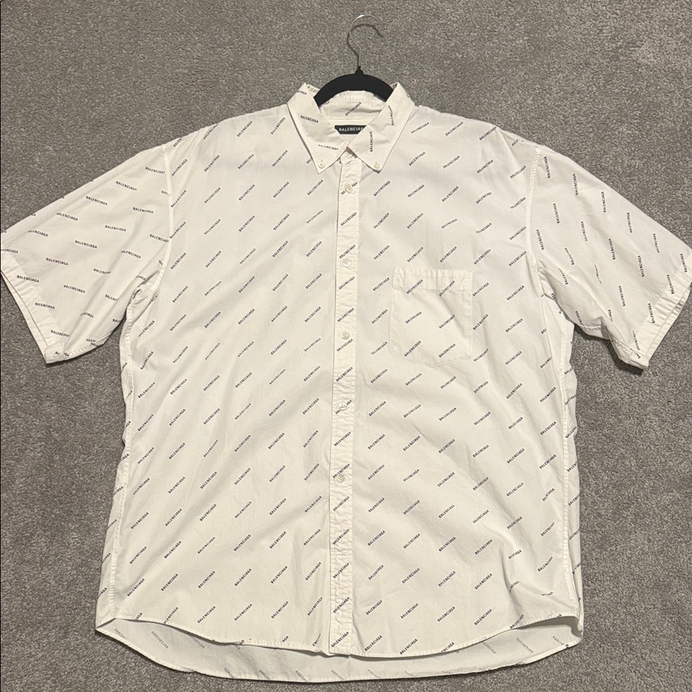 Balenciaga Men's White Short-Sleeve Logo-Print Button-Up Shirt